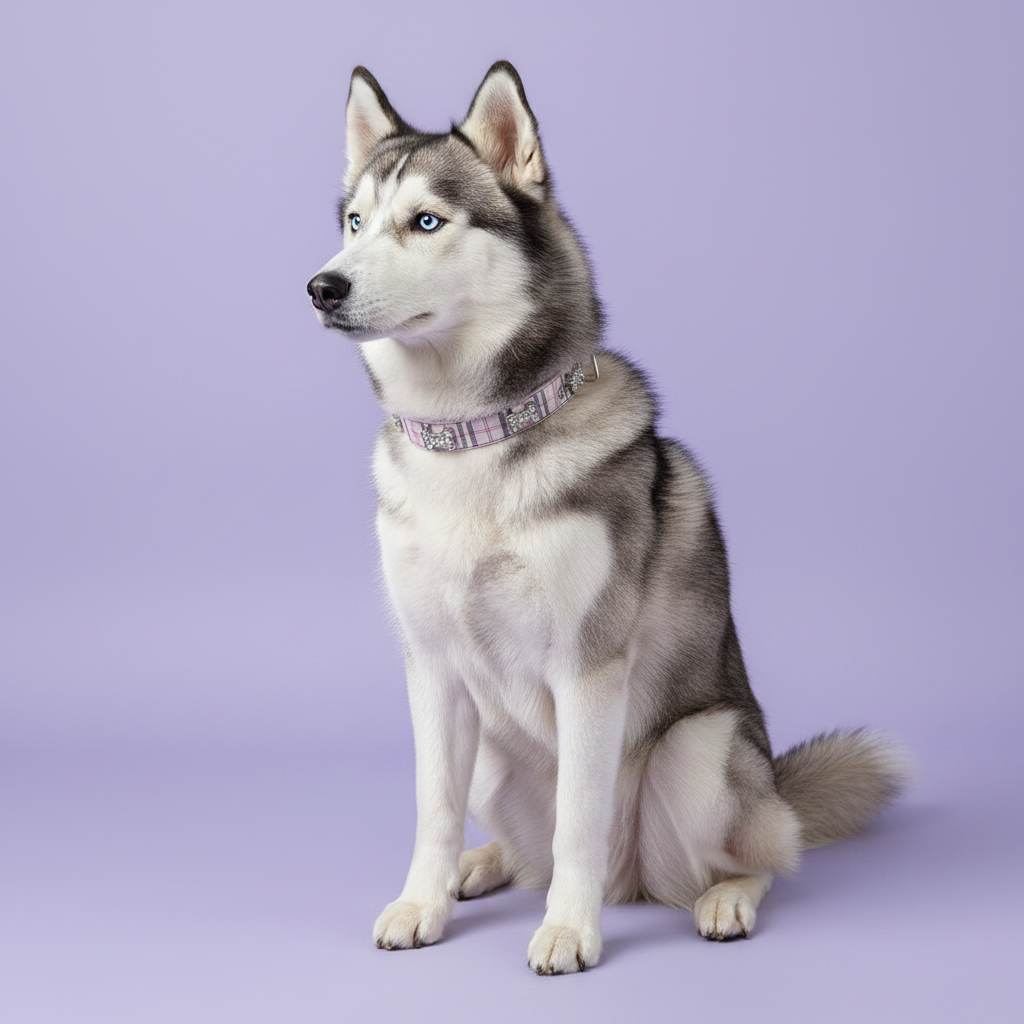 Siberian Husky sitting tall and gazing to the side wearing a pink plaid rhinestone dog collar