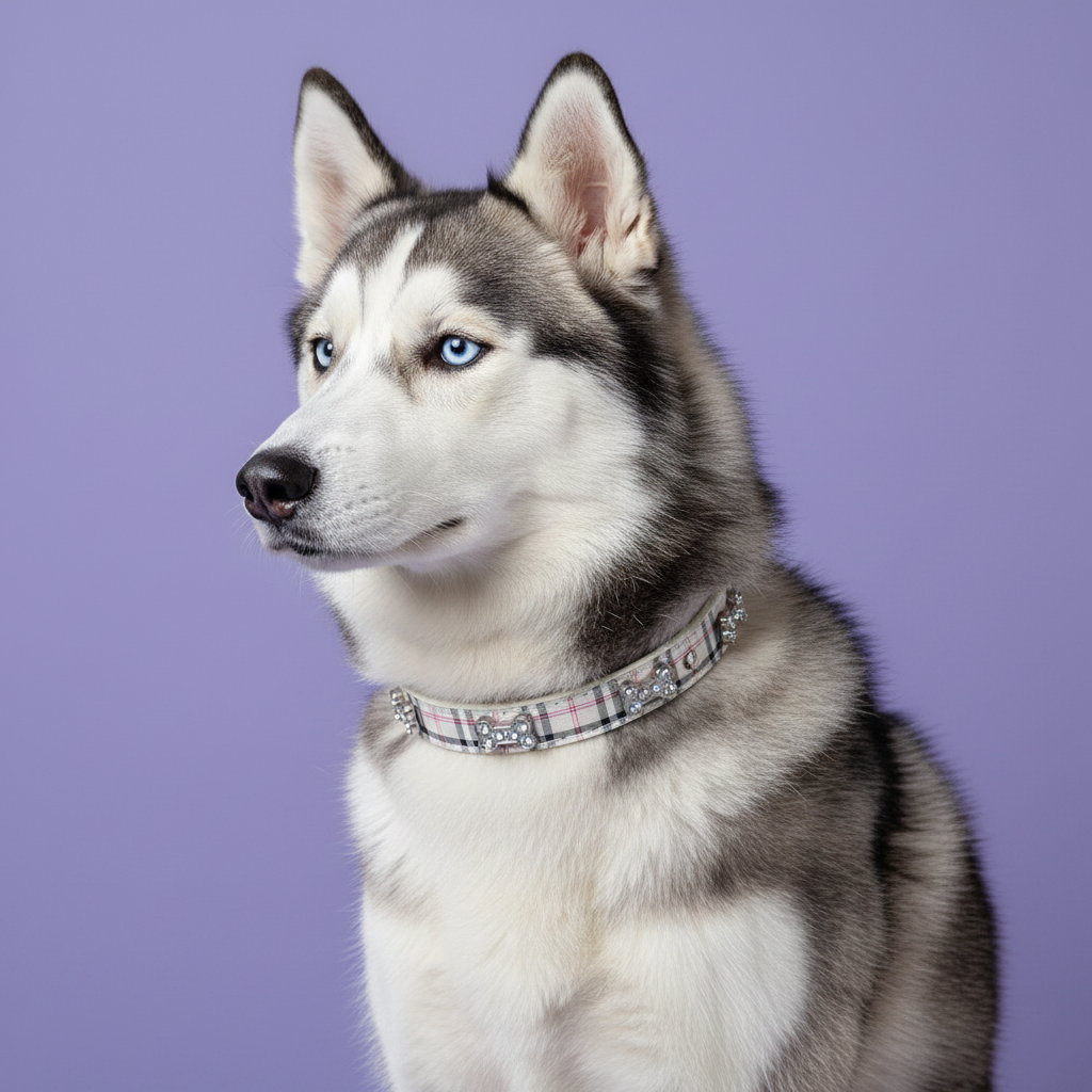 Siberian Husky sitting and gazing to the side wearing a pink plaid rhinestone dog collar