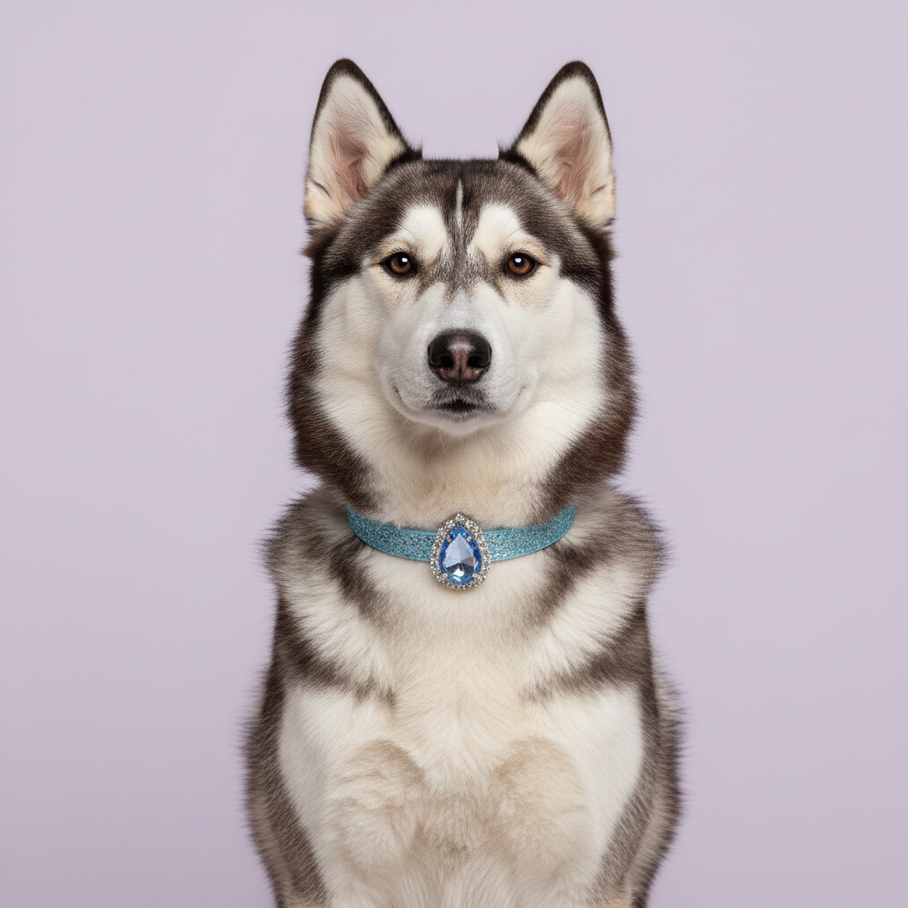 Grey and white Siberian Husky sitting tall and facing camera wearing a blue glitter rhinestone collar with teardrop blue crystal pendant, luxury bling dog collar for large breeds on lavender background