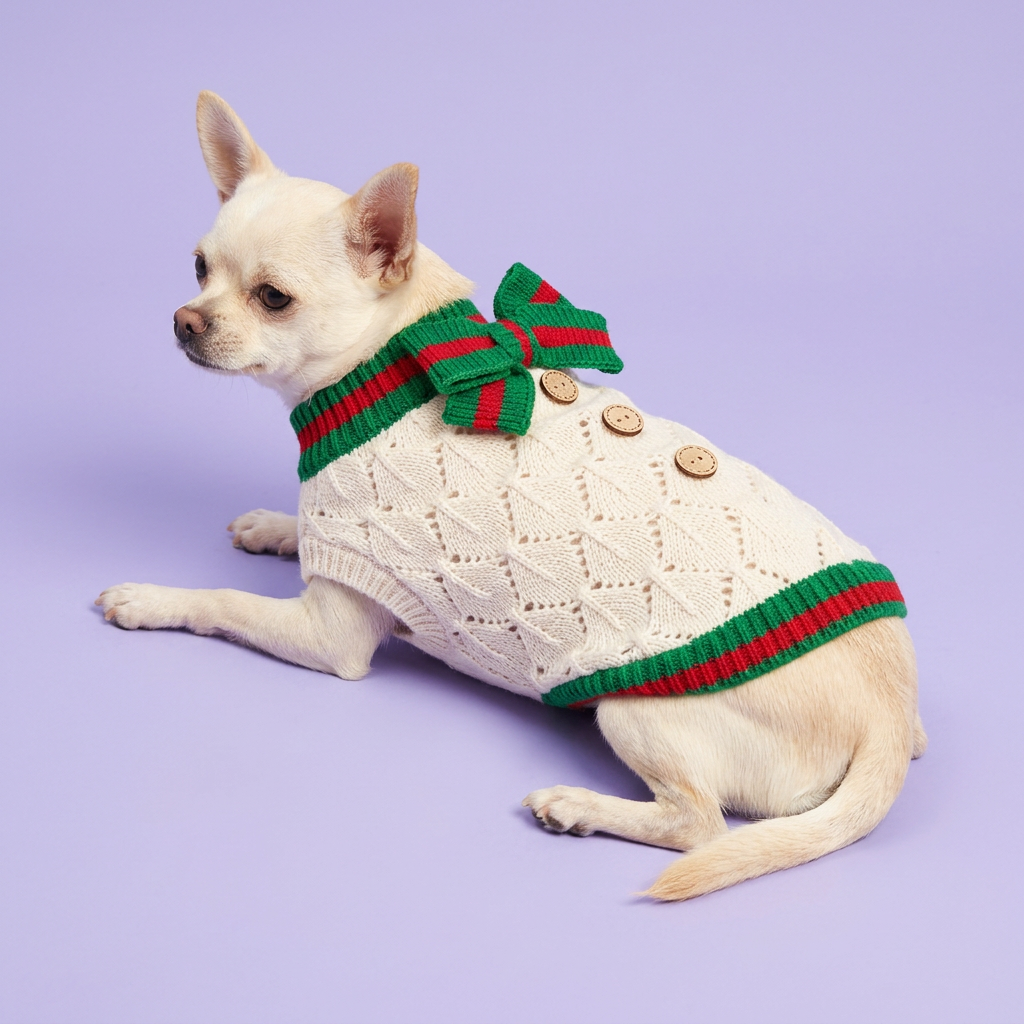 Side-lounging Chihuahua in the red-and-green sweater