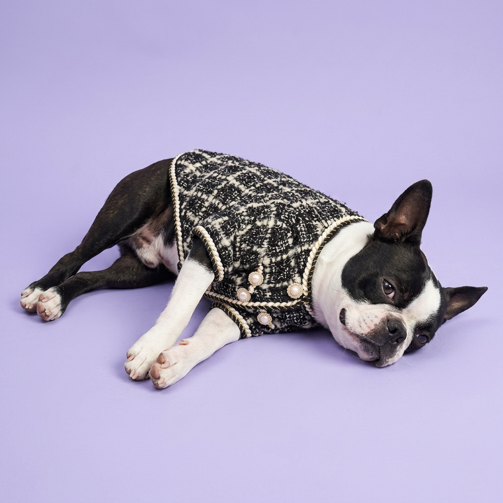 Side-lying Boston terrier in the tweed jacket