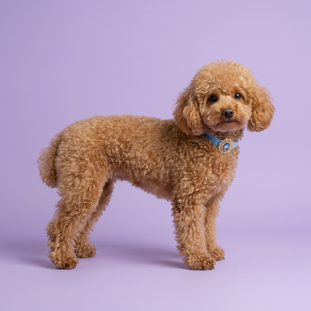 Side-on apricot toy poodle looking back toward the camera