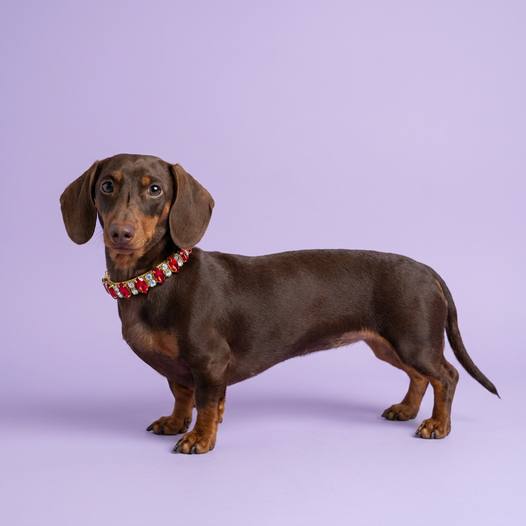 Side-on chocolate-and-tan dachshund looking toward the camera