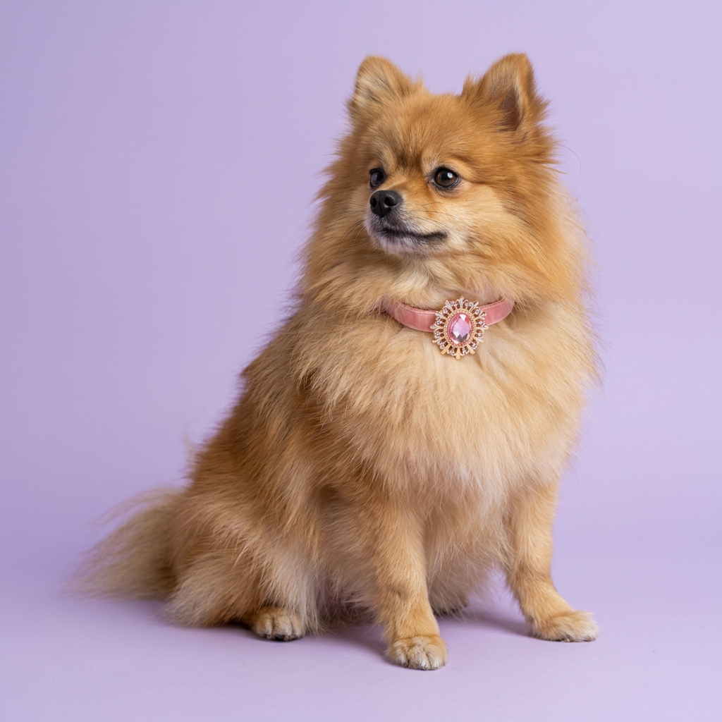 Side-on Pomeranian seated with an upward glance