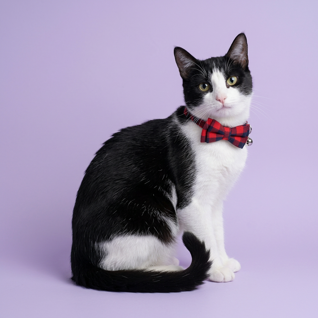 Side-on tuxedo cat looking back toward the camera