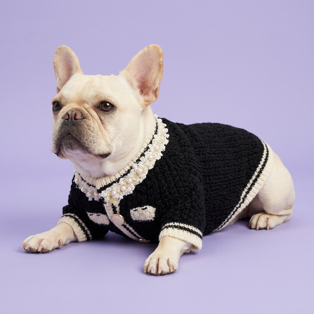 Side-resting French bulldog wearing the black cardigan