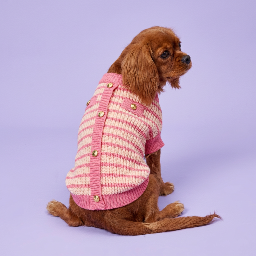 Side-sitting Cavalier in the pink-and-cream sweater