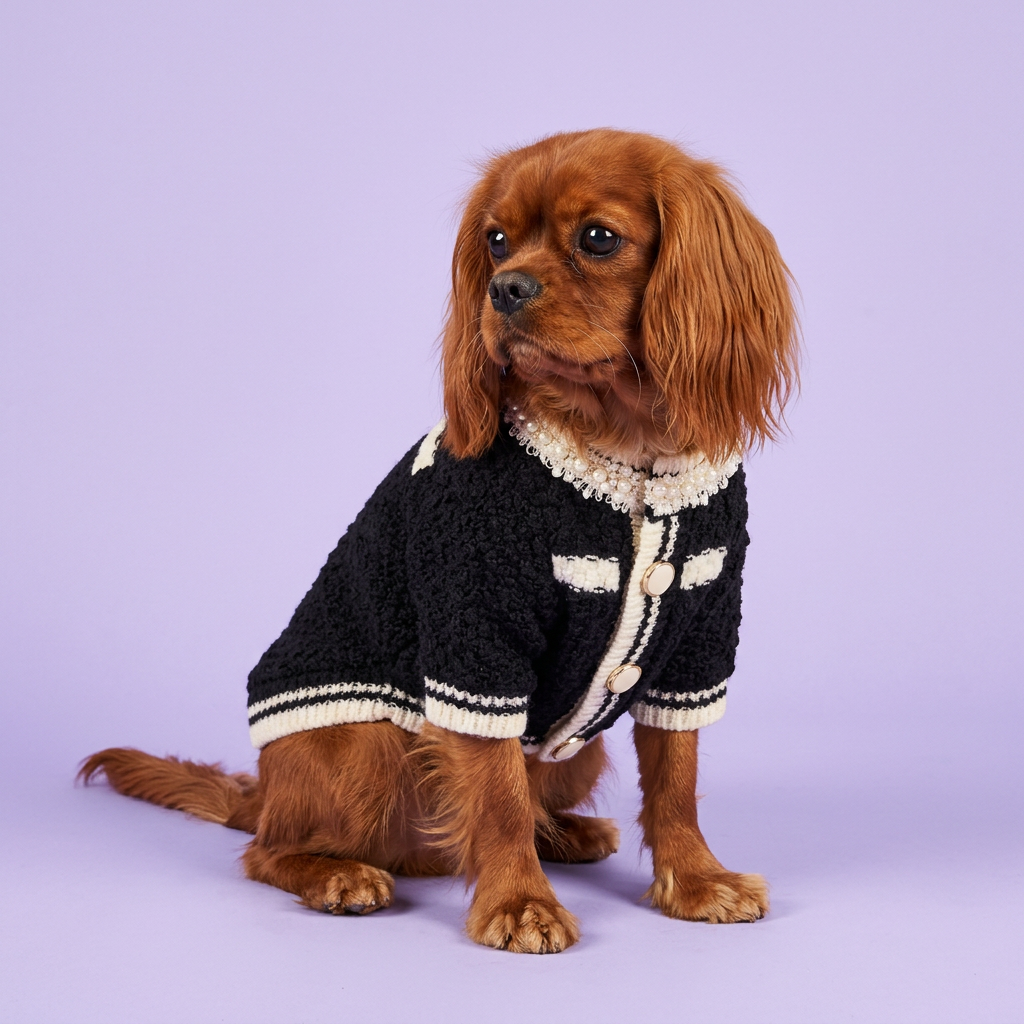 Side-sitting Cavalier wearing the black cardigan