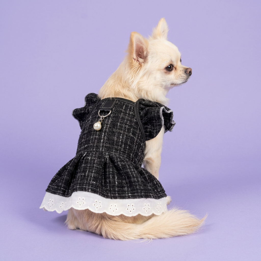 Side-sitting Chihuahua in the black ruffled dress