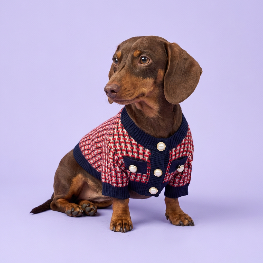 Side-sitting dachshund in the red checked sweater