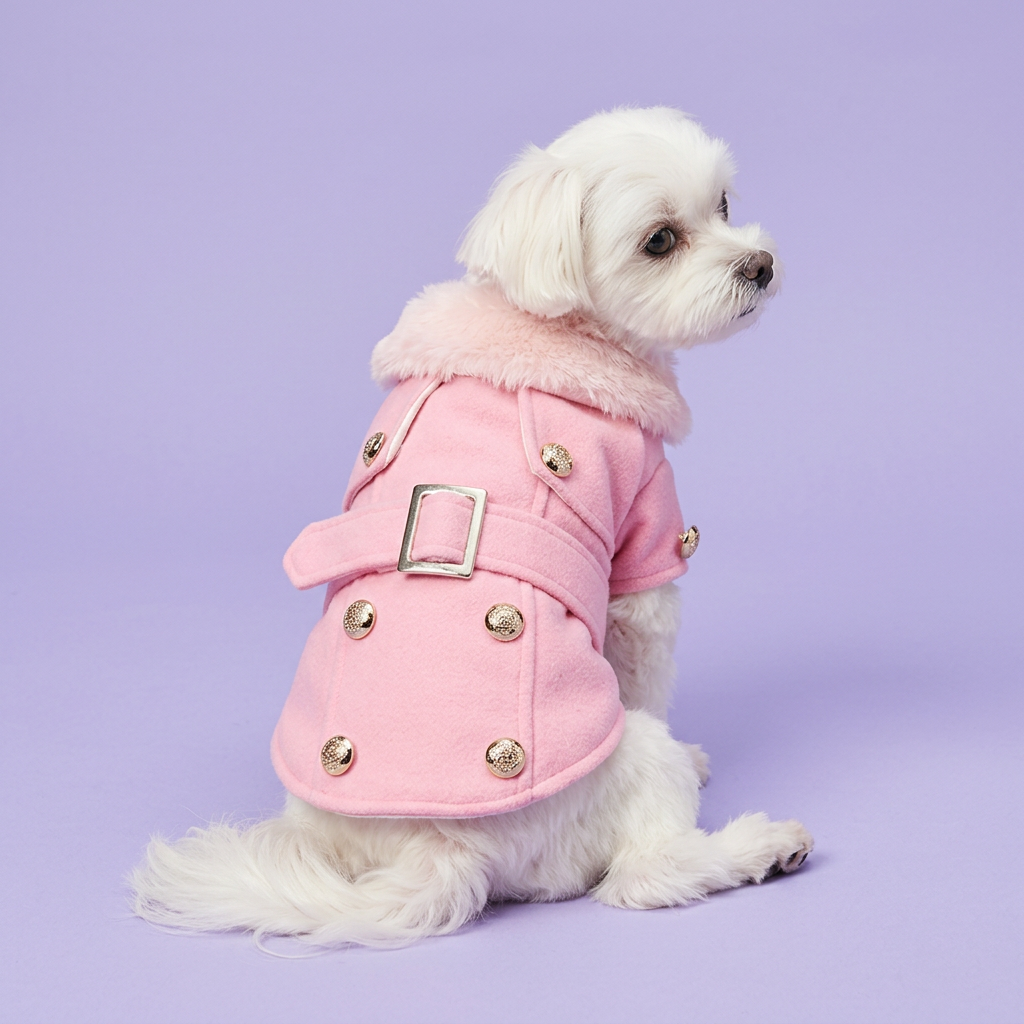 Side-sitting Maltese wearing the pink jacket