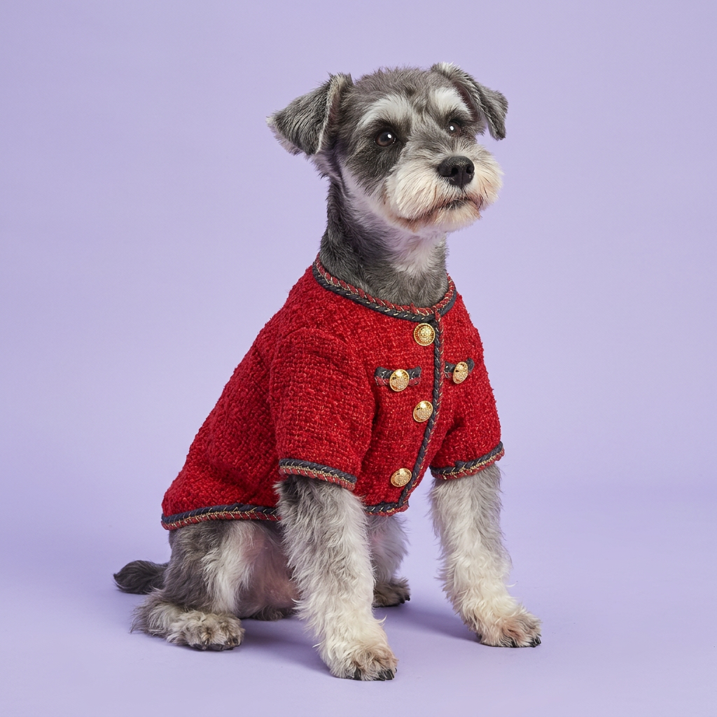 Side-sitting schnauzer in the red tweed jacket