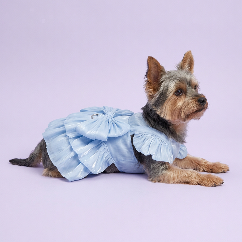 Silky terrier lounging in the powder-blue dress
