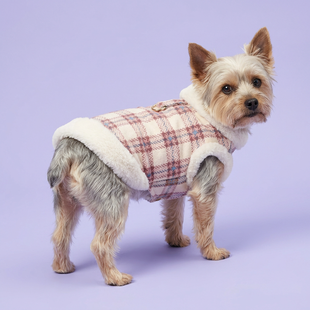 Silver-and-tan silky terrier looking back to show the vest’s back