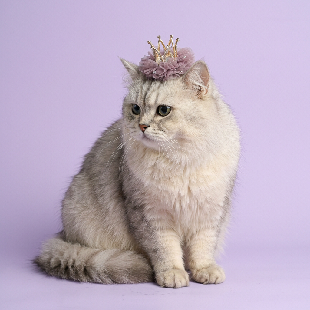 Silver British longhair seated with the lavender crown clip
