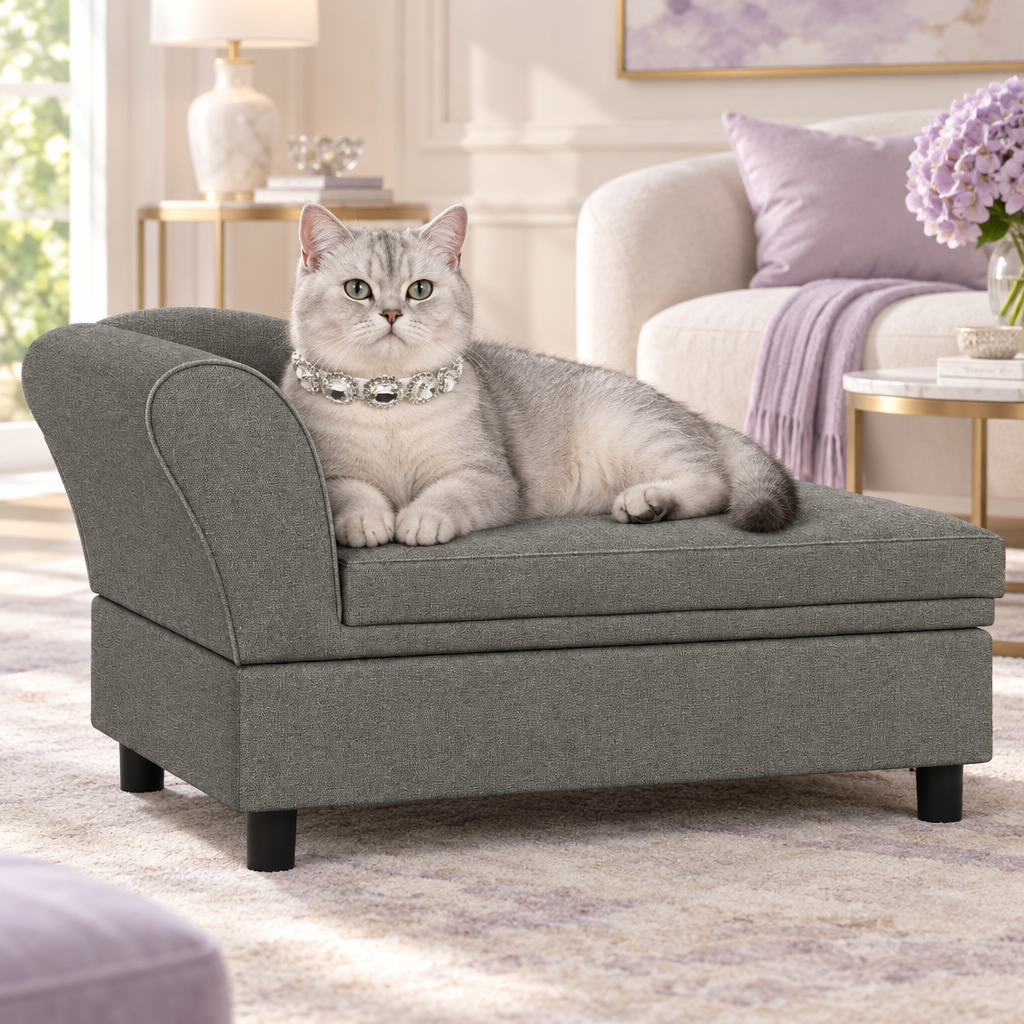Silver British Shorthair on gray couch wearing clear oval crystal collar