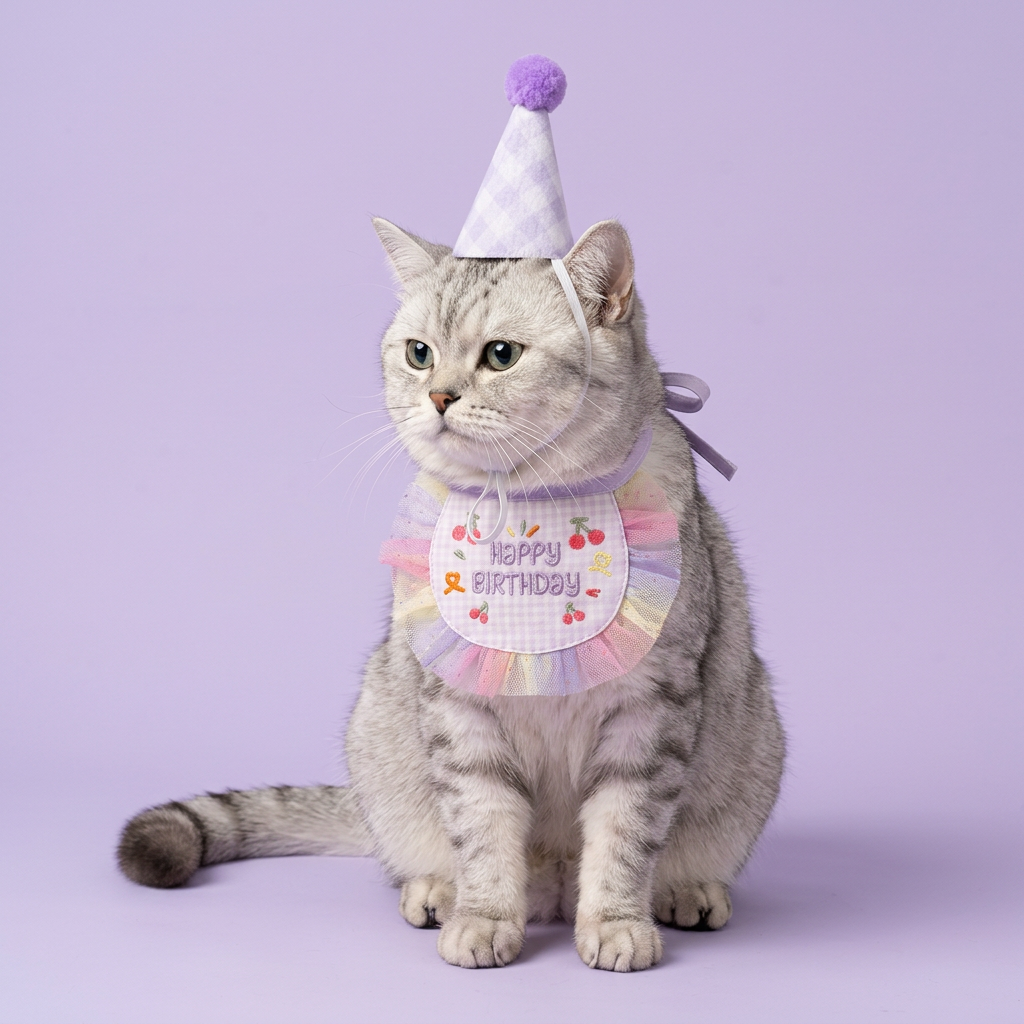 Silver British Shorthair seated in the lavender birthday set