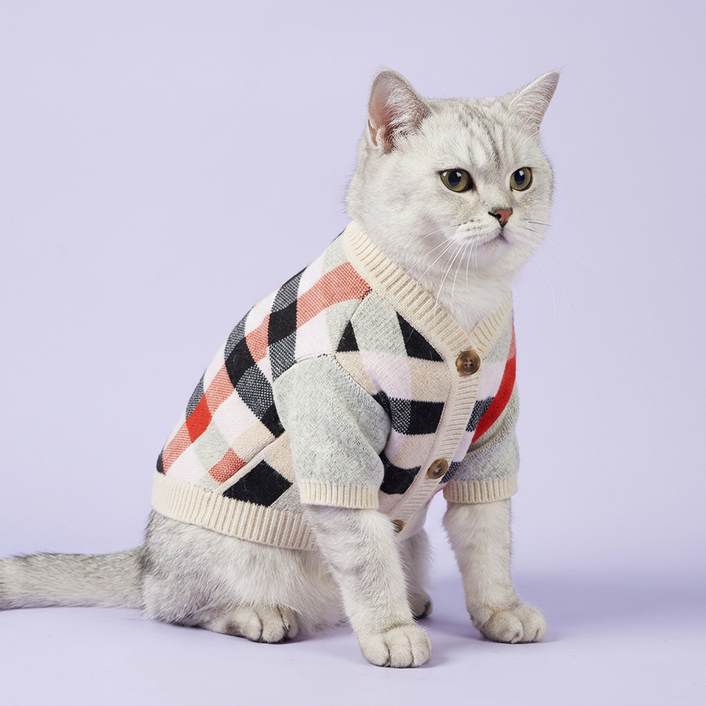 Silver British Shorthair wearing the plaid cardigan on lavender