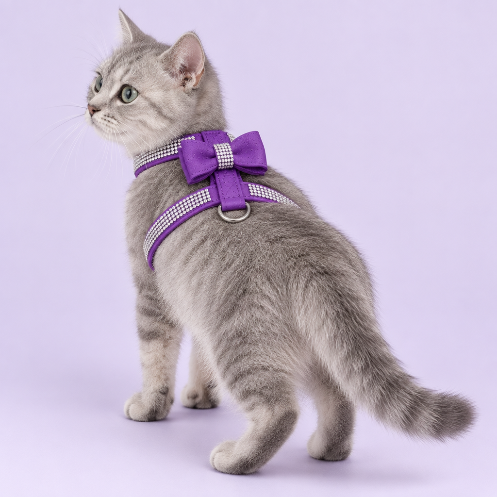 Silver-gray cat in the correctly structured purple harness