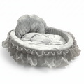 Silver grey velvet heart-shaped ruffle pet bed with layered chiffon lace trim and tufted cushion interior, white background