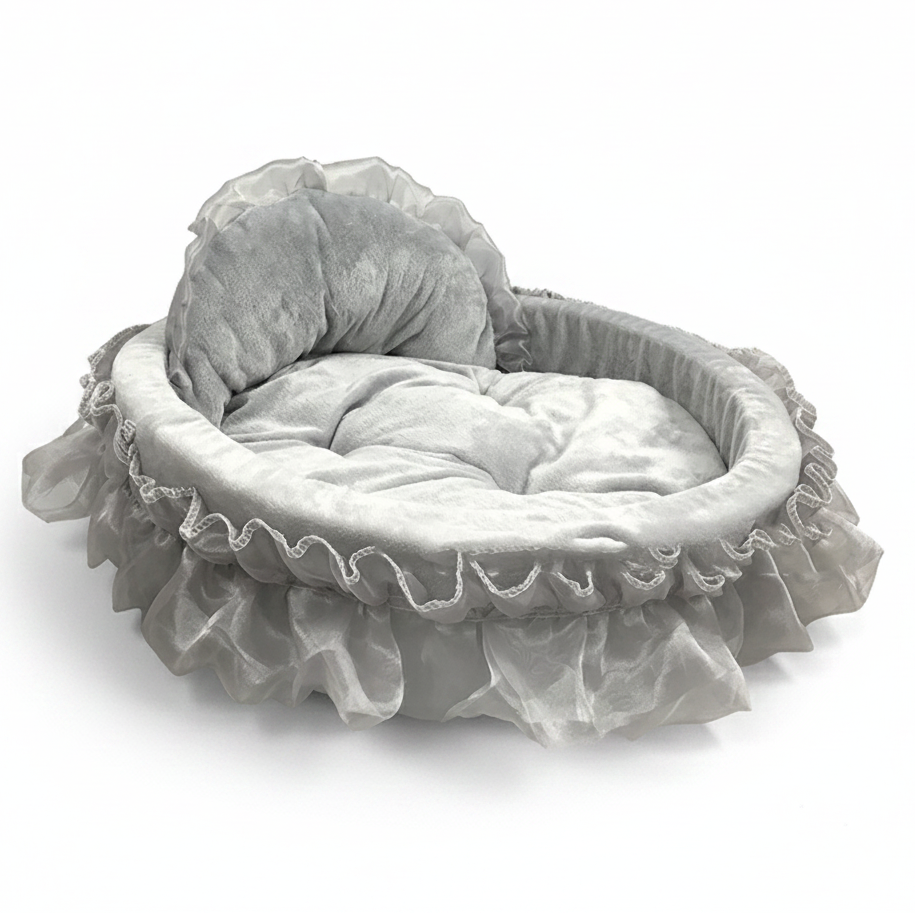 Silver grey velvet heart-shaped ruffle pet bed with layered chiffon lace trim and tufted cushion interior, white background