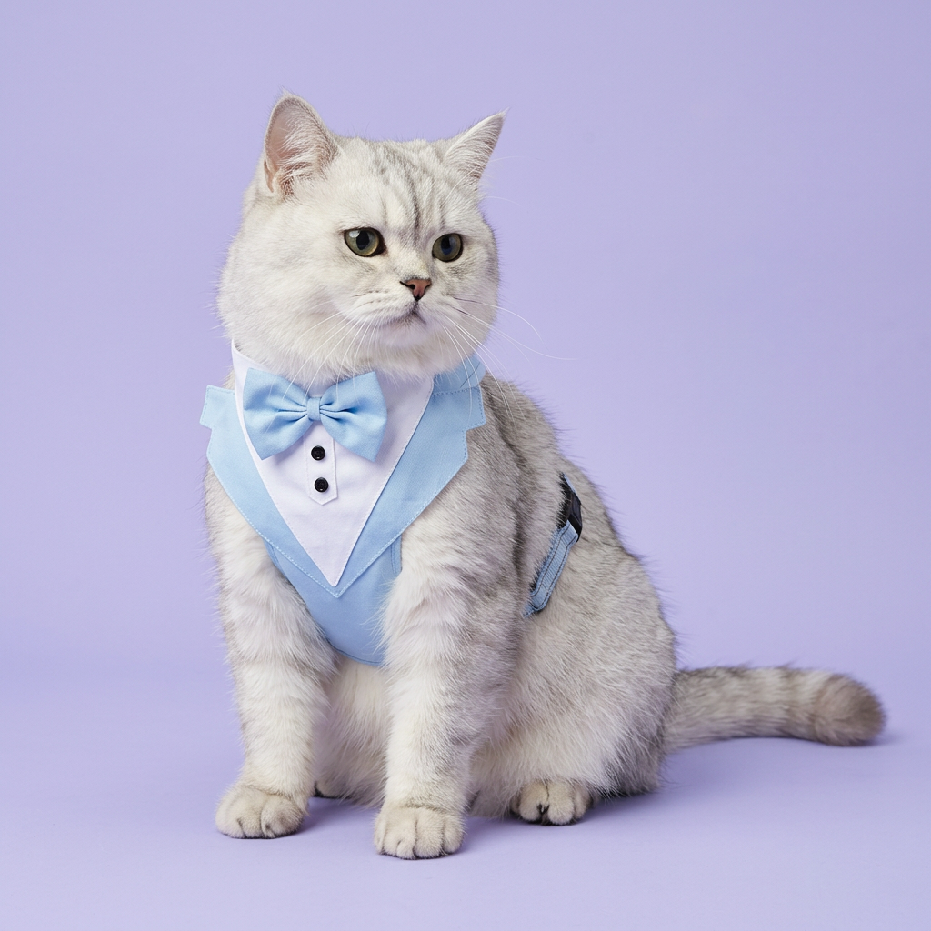 Silver longhaired cat seated in the light-blue tuxedo harness