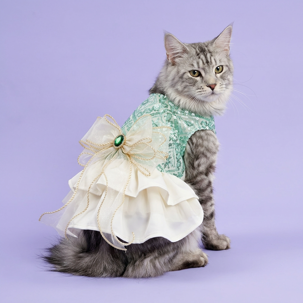 Silver Maine Coon showing the green jeweled back bow