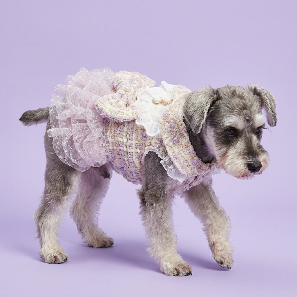 Silver miniature Schnauzer in the lilac tweed dress