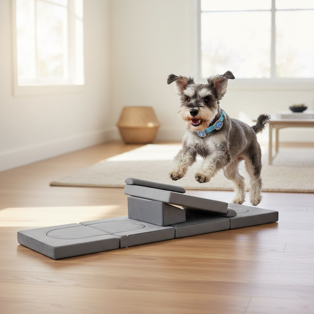 Silver miniature schnauzer playing on the exact long low cushion configuration wearing the turquoise-blue gemstone collar