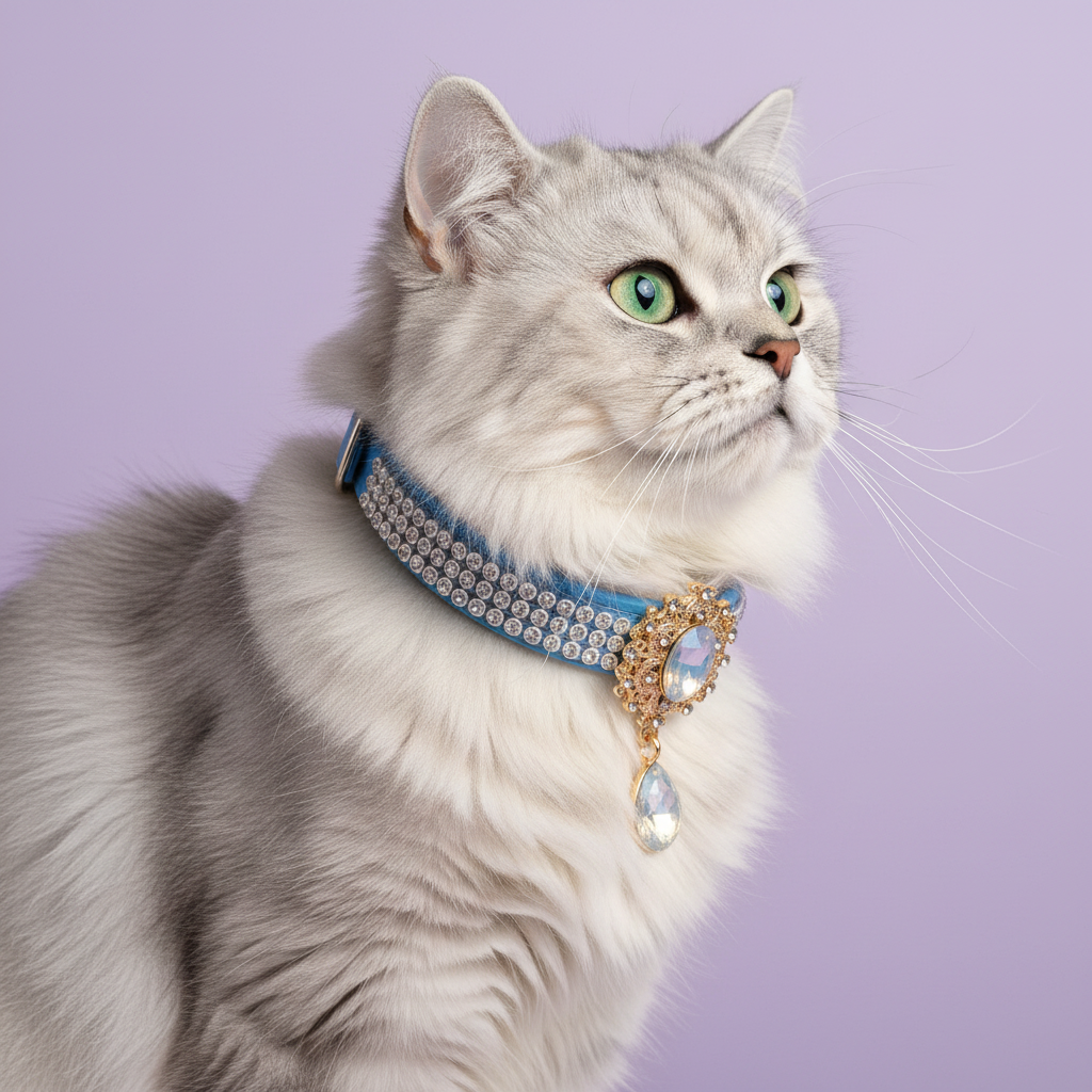 Silver Persian cat in the Luxury Blue Crystal Adjustable Rhinestone collar