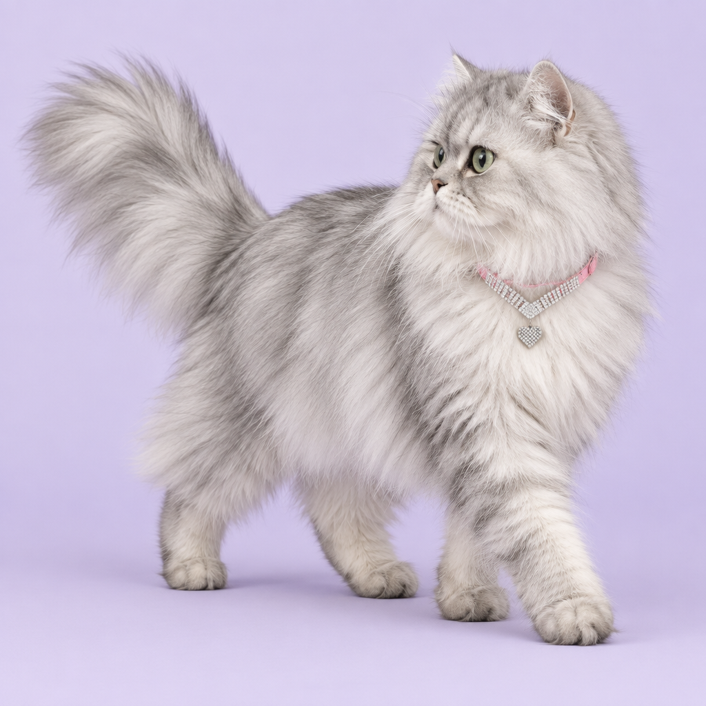 Silver Persian walking forward while glancing back