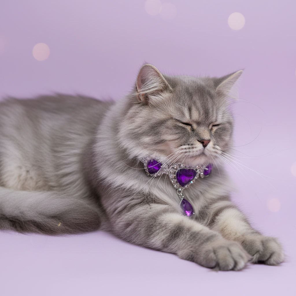 Silver tabby Persian cat lying stretched out with eyes closed wearing a silver cat collar with triple purple heart gem and rhinestone centerpiece on lavender bokeh background