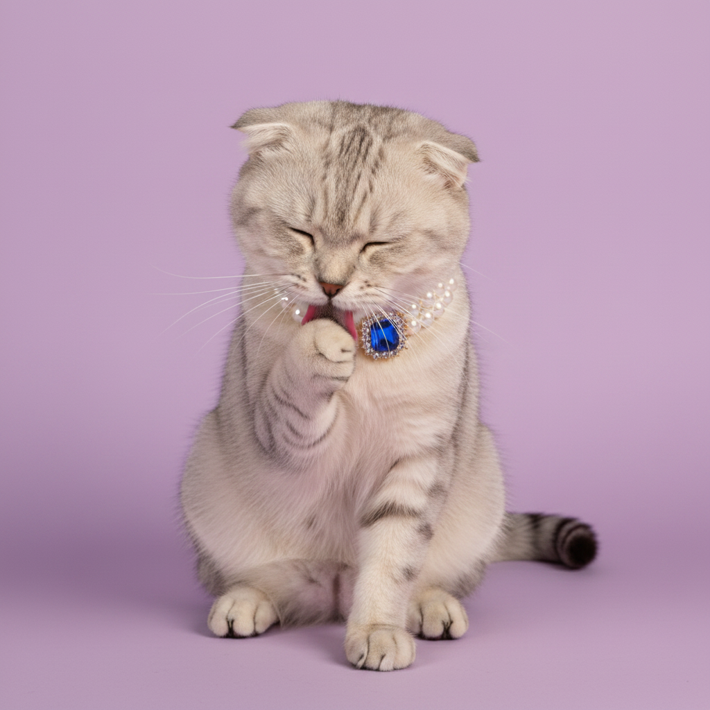 Silver Scottish Fold cat grooming itself with a raised paw while wearing a double pearl collar with a blue gemstone pendant against a lavender background