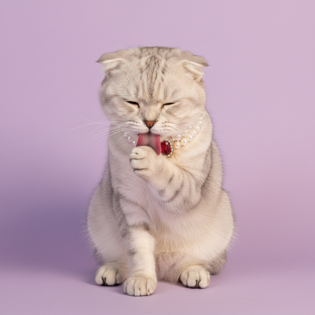 Silver Scottish Fold cat grooming itself with a raised paw, wearing a double pearl collar with a red gemstone pendant against a lavender background