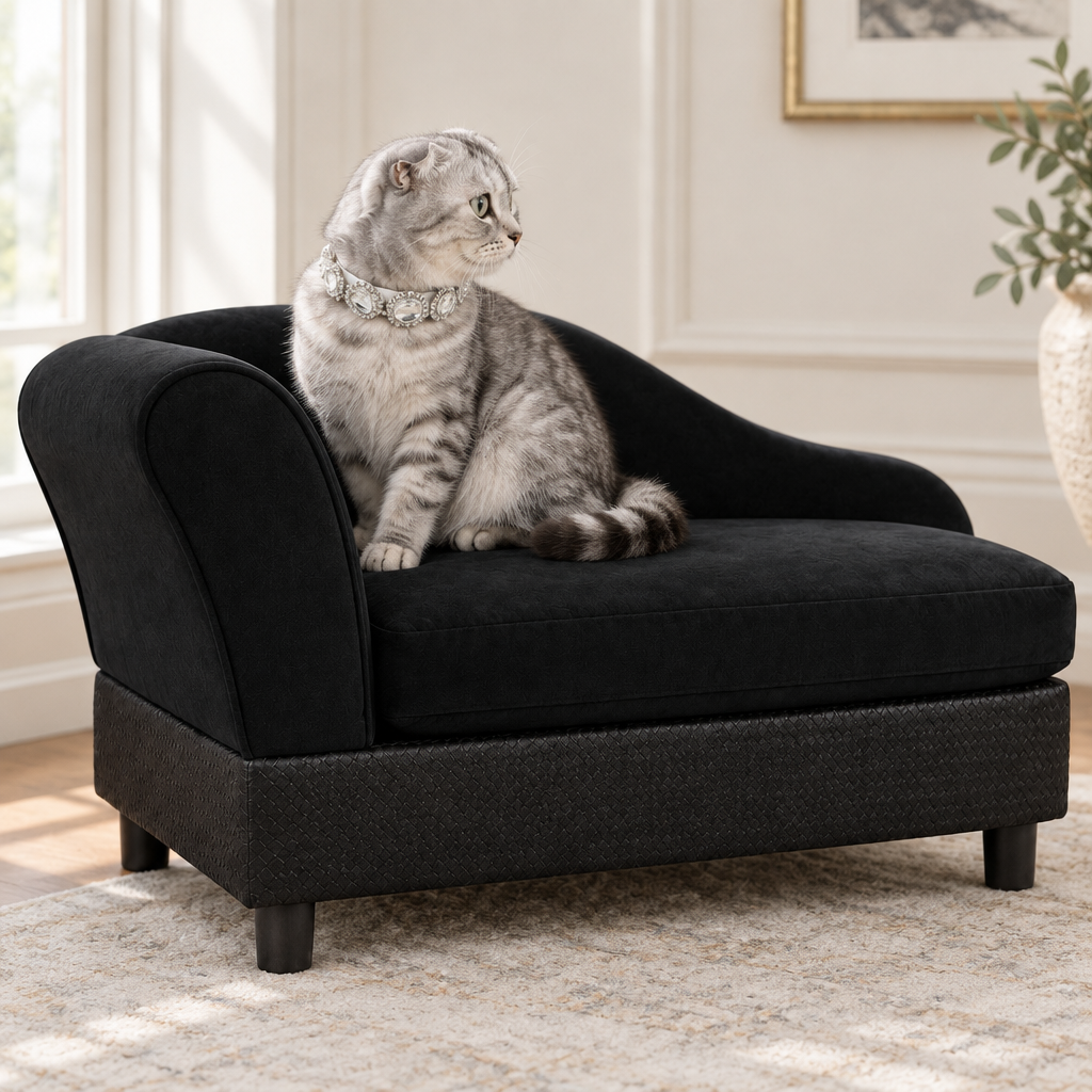 Silver Scottish Fold on the black pet couch wearing the clear gemstone collar