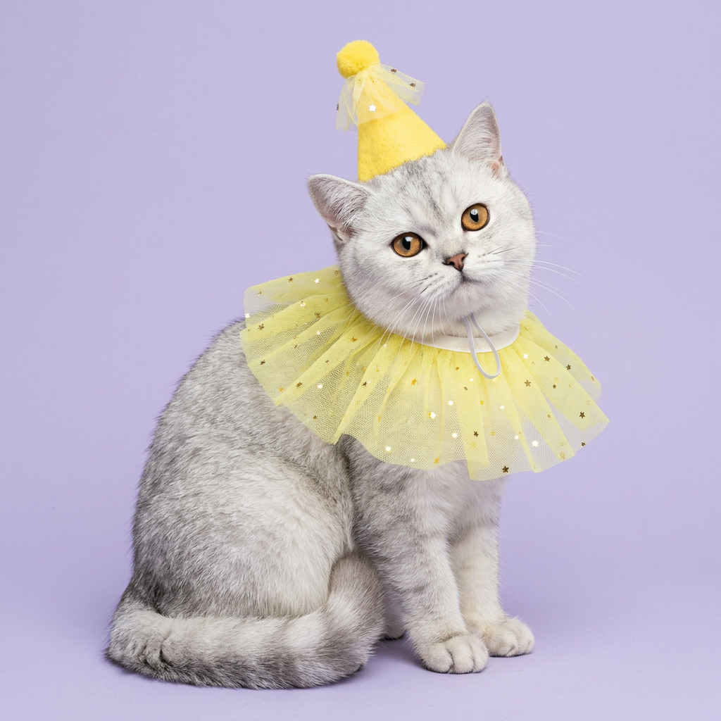 Silver shaded British Shorthair wearing the yellow party set