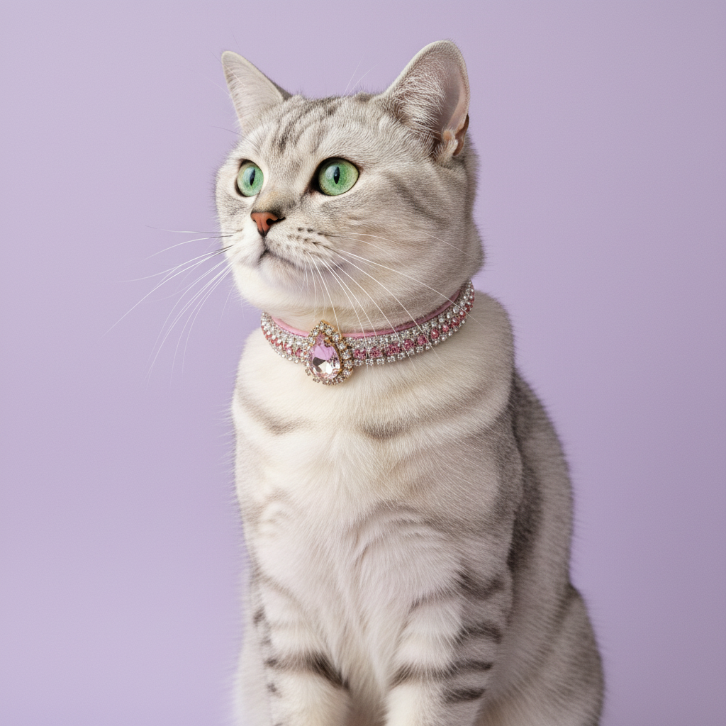 Silver tabby British Shorthair sitting and looking up, wearing a thin light pink beaded collar with a teardrop gem pendant, on a lavender background