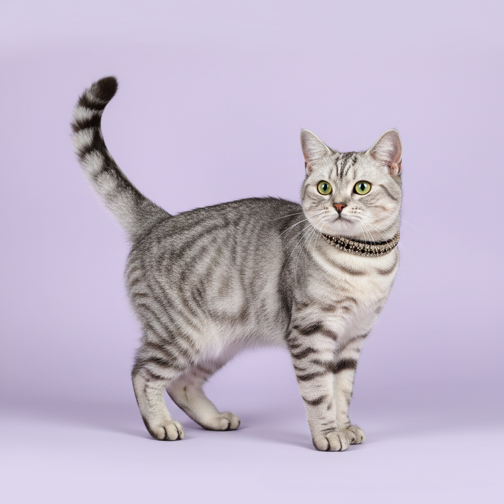 Silver tabby cat in the black velvet collar with black trim