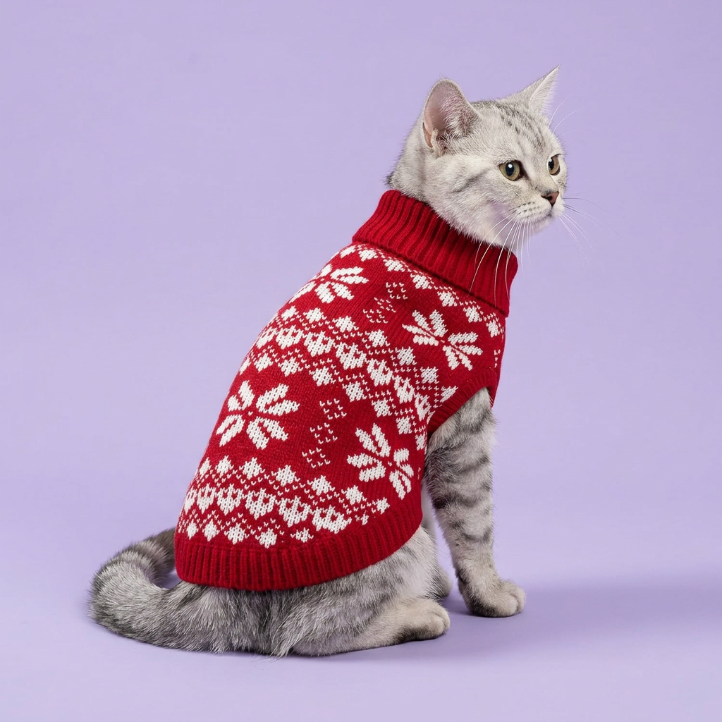 Silver tabby cat in the red snowflake sweater