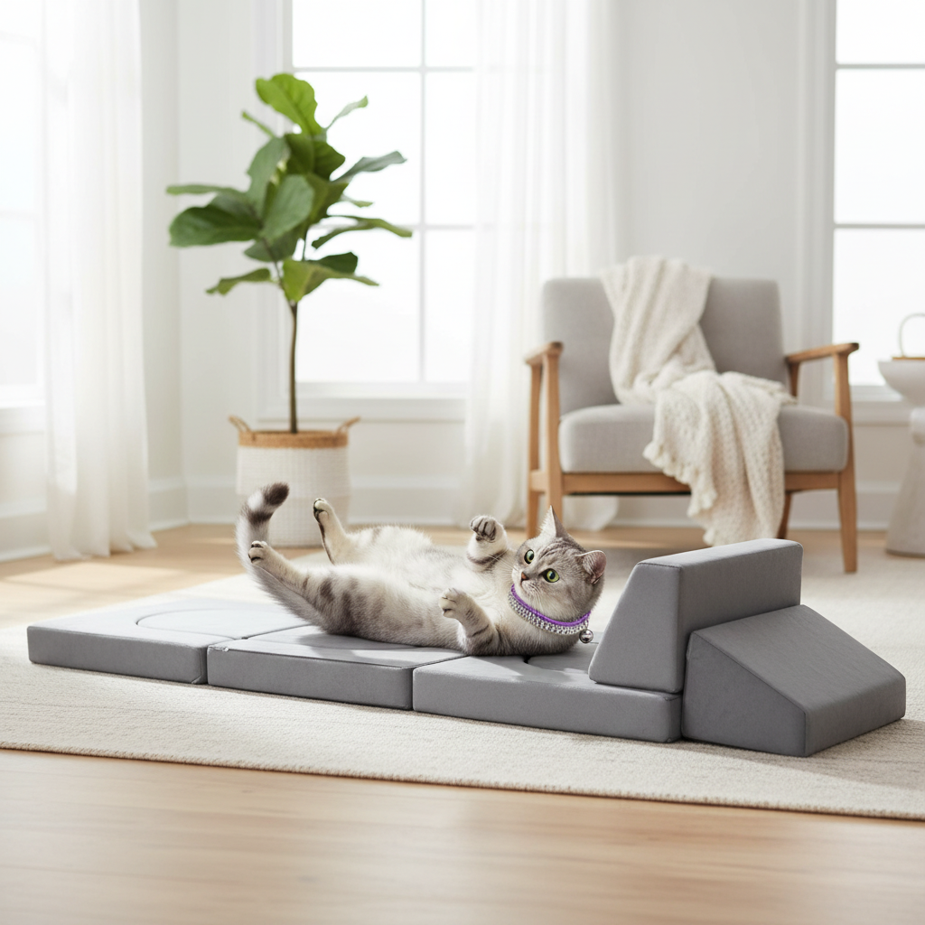 Silver tabby cat playing across the wide flat cushion configuration wearing the exact purple collar