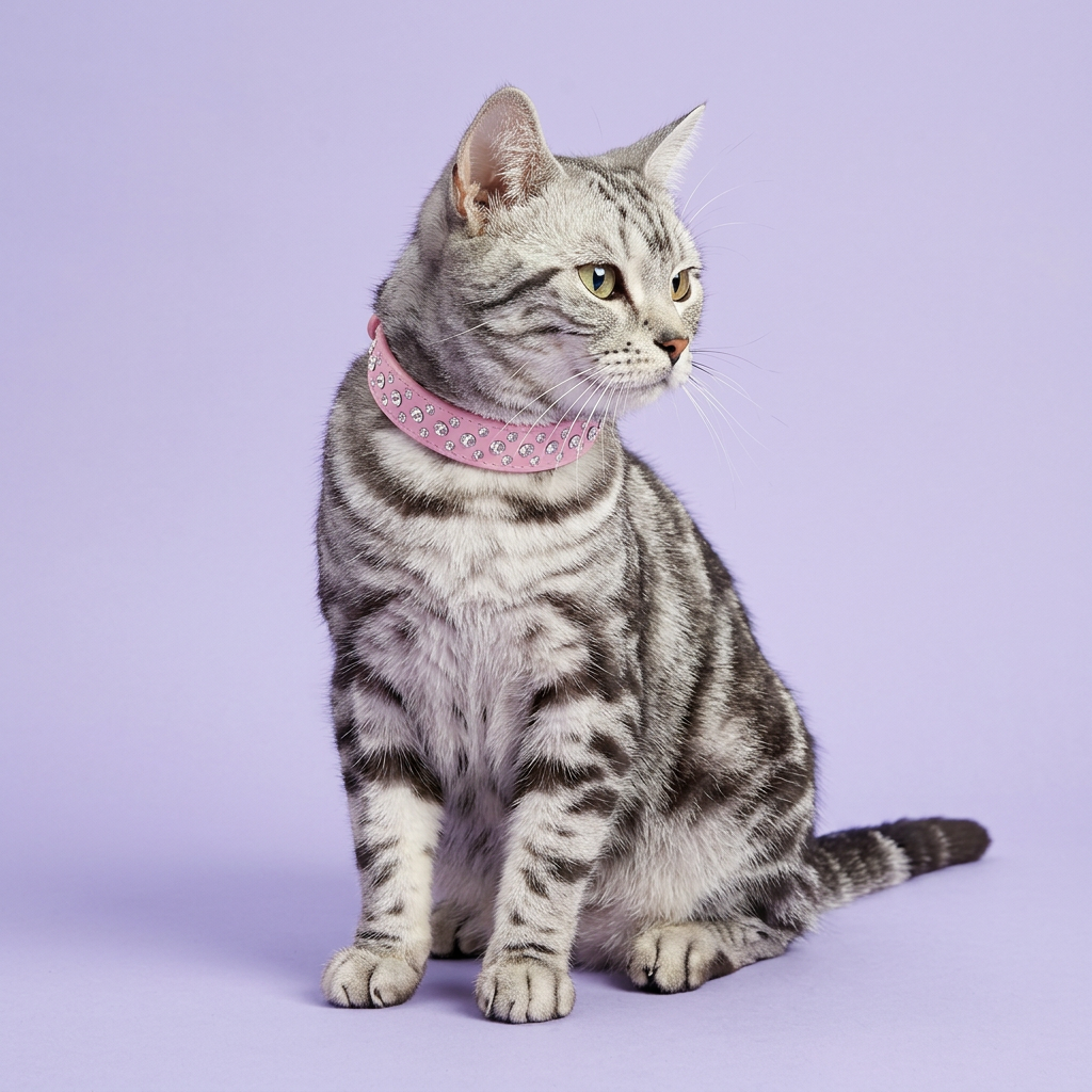 Silver tabby cat sitting three-quarters gazing aside, wearing the pink rhinestone leather collar