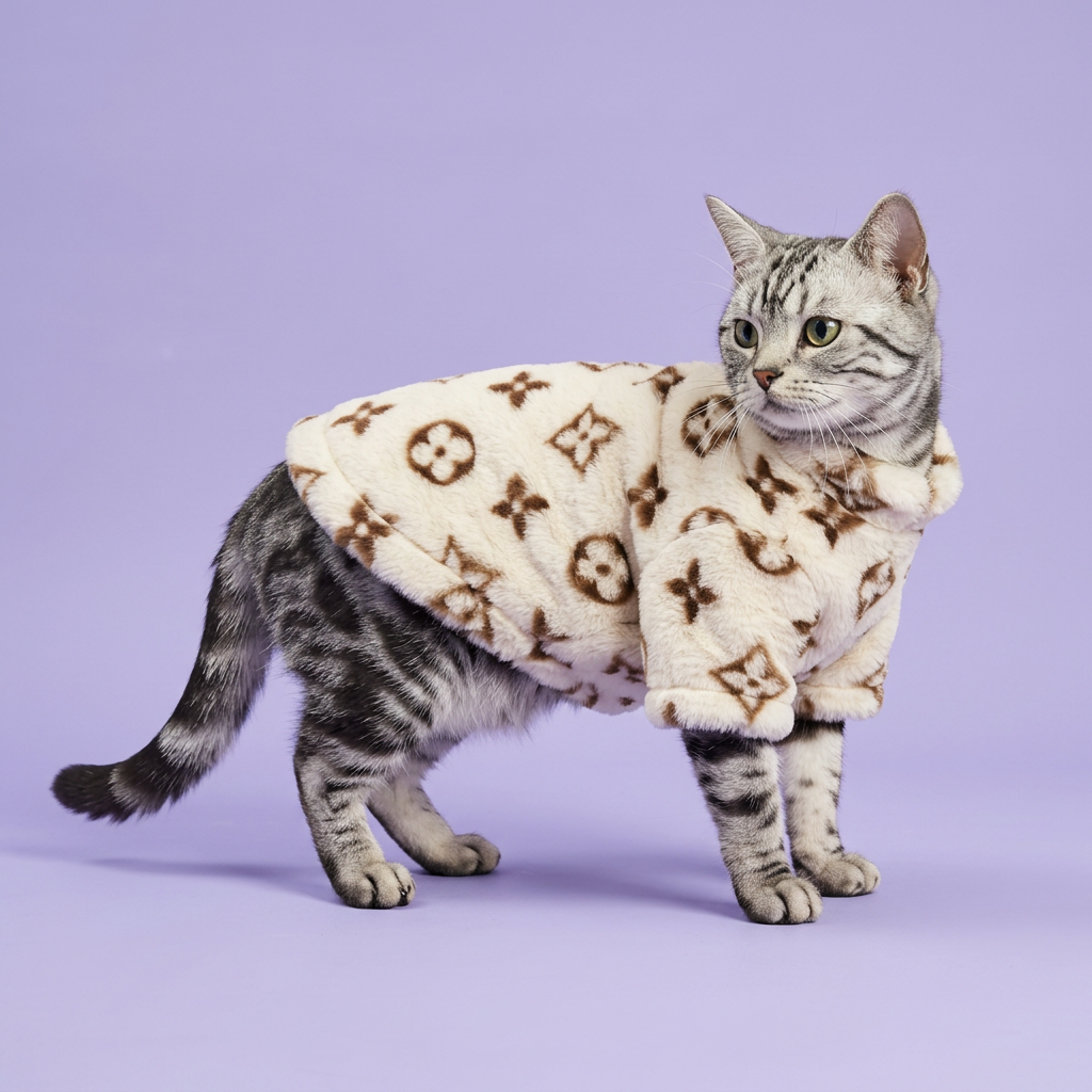 Silver tabby cat wearing the cream patterned faux-fur jacket on lavender