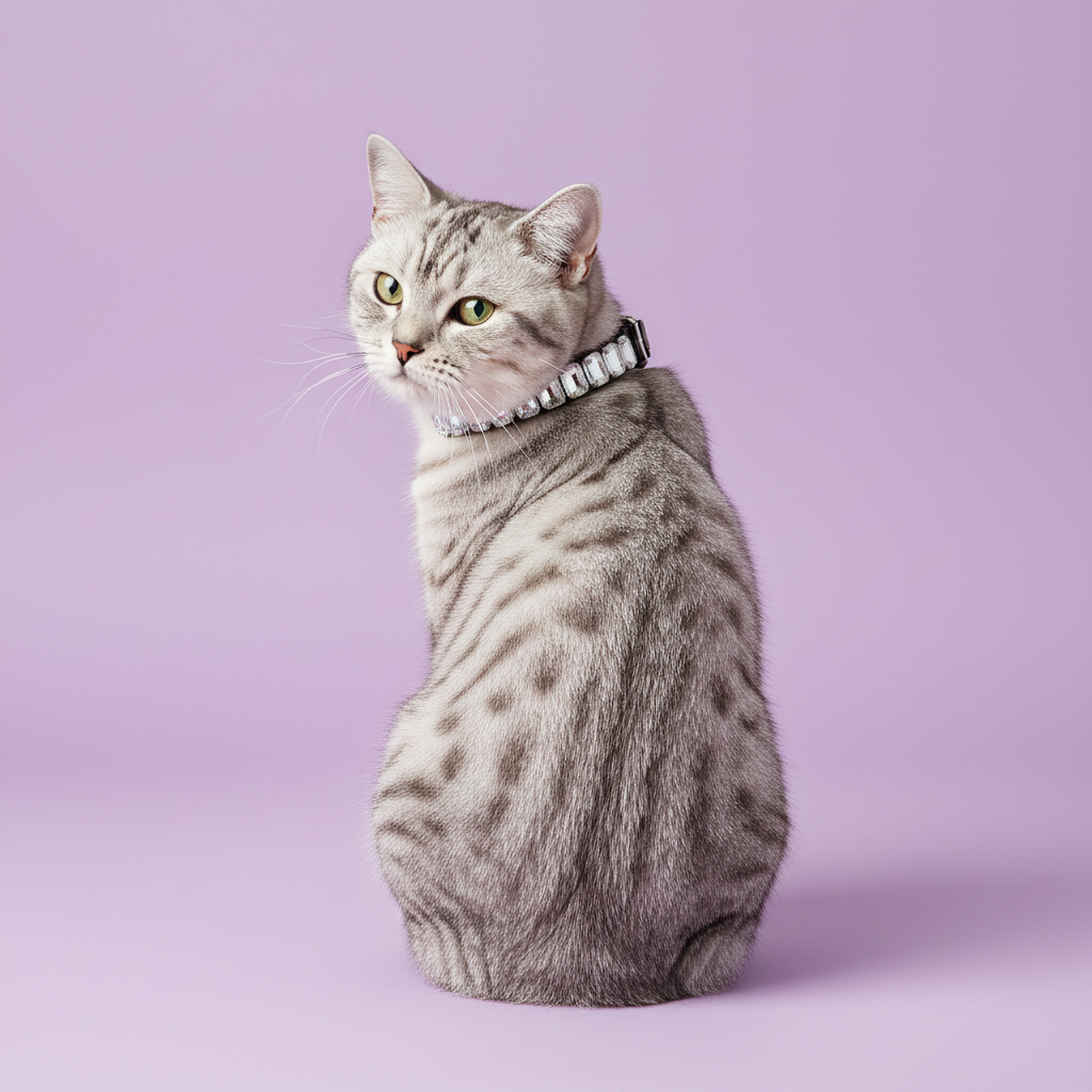 Silver tabby cat sitting in profile and wearing a clear crystal rhinestone collar against a soft lavender studio background.