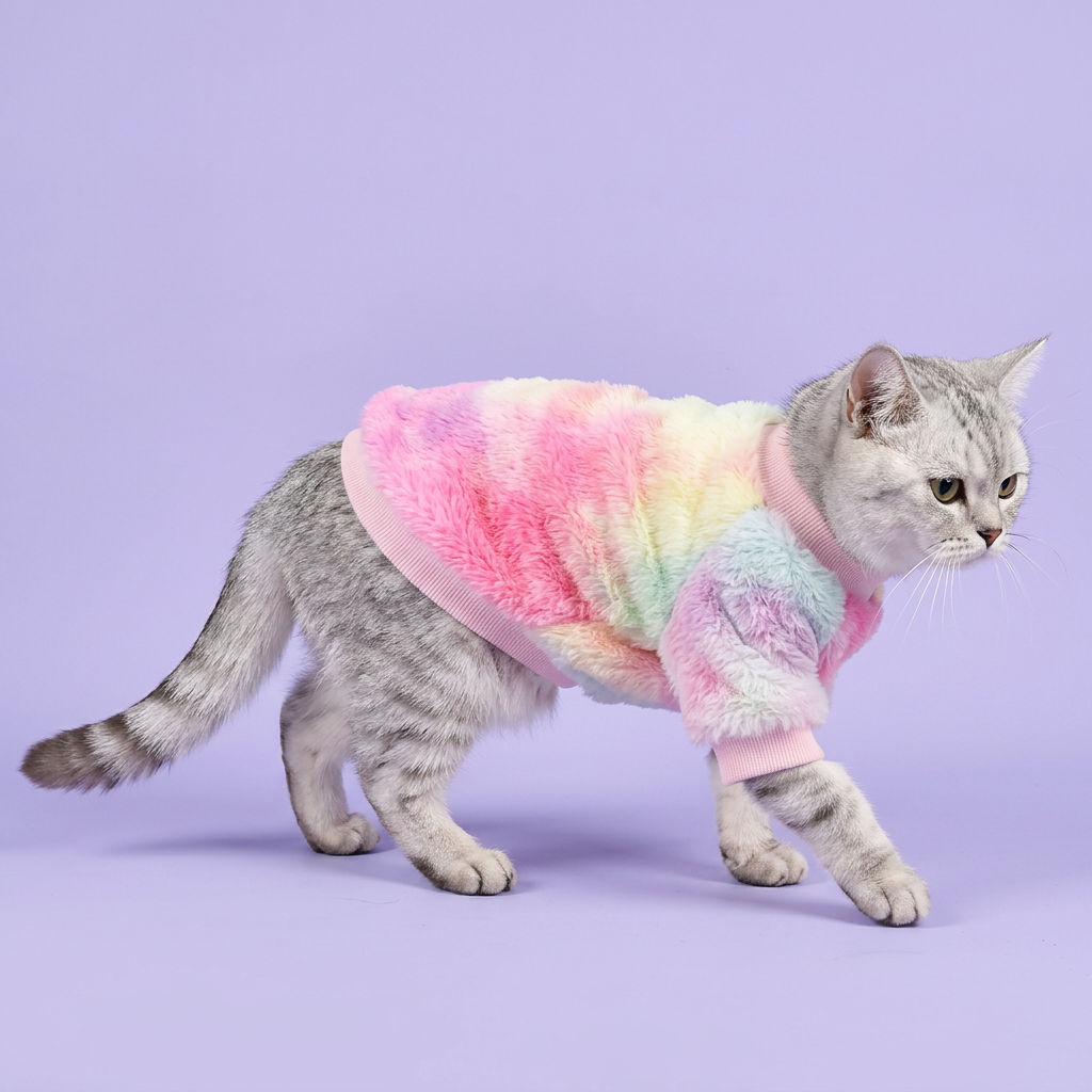 Silver tabby gently stepping in the pastel pullover