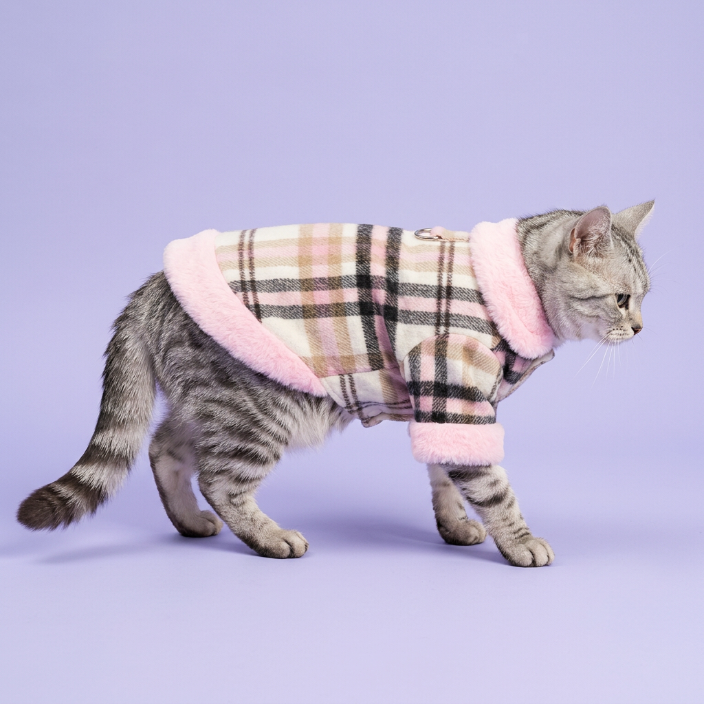 Silver tabby gently stepping in the pink jacket