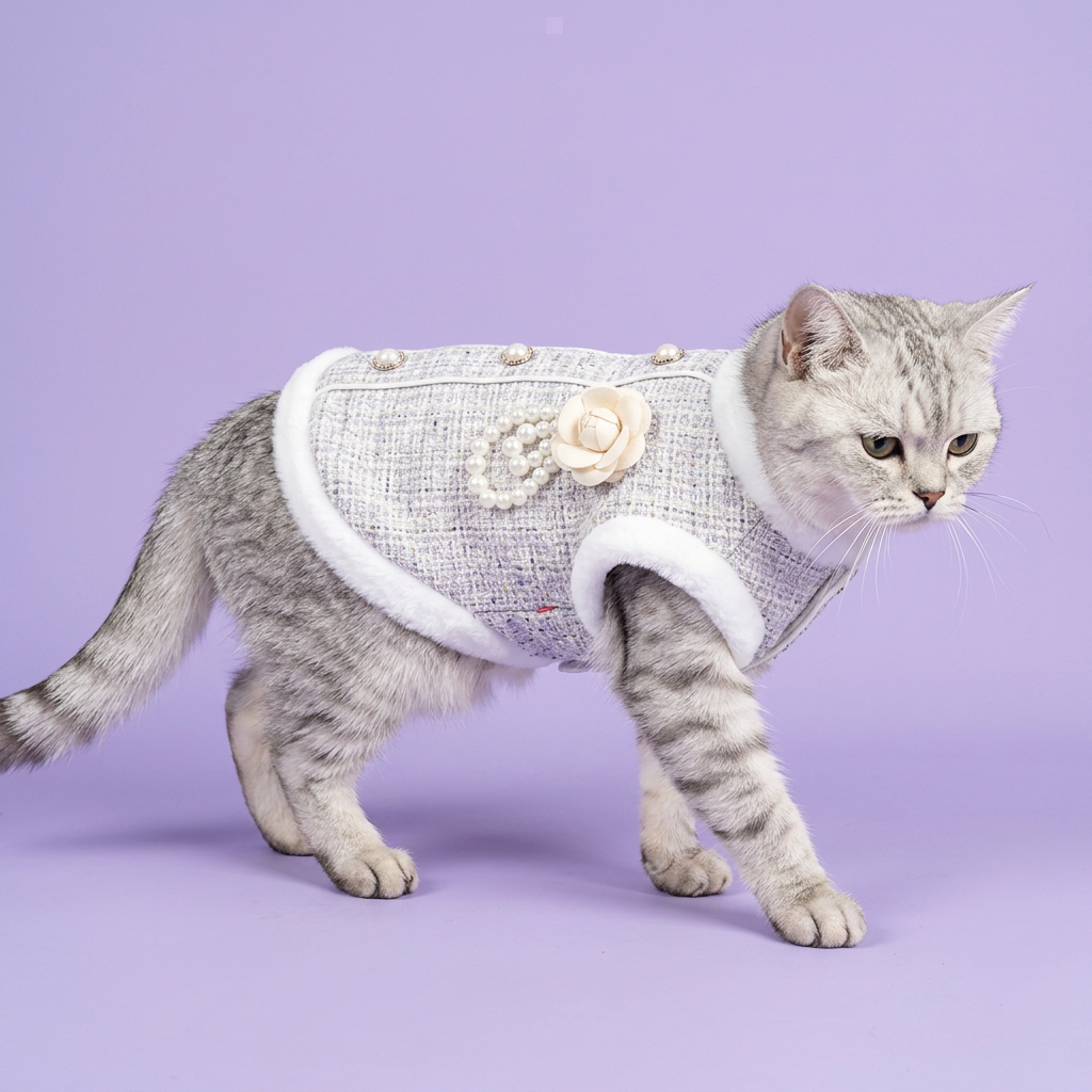 Silver tabby gently stepping in the silver-white jacket