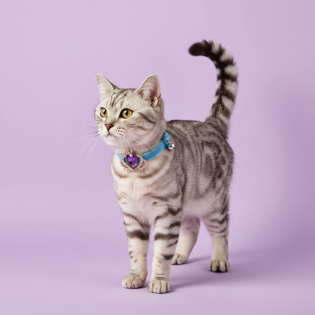 Silver tabby cat wearing sky blue velvet cat collar with gold crown and purple amethyst teardrop gem pendant — luxury cat collar