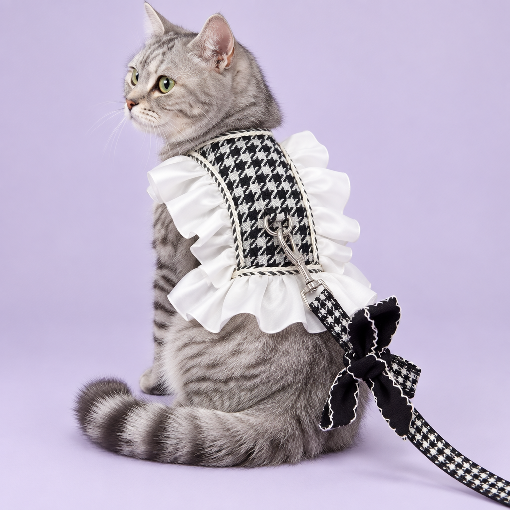 Silver tabby in houndstooth harness