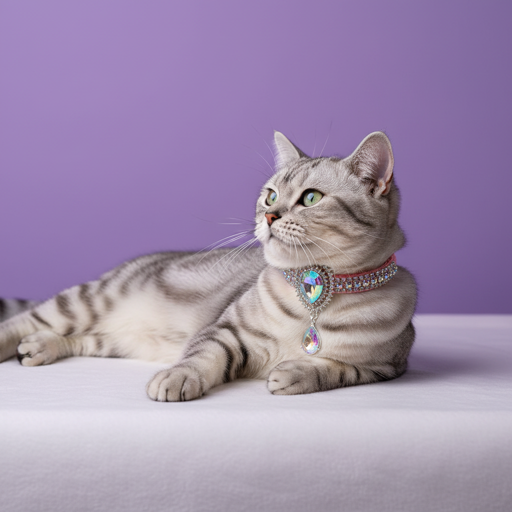 Silver tabby cat wearing pink rhinestone breakaway cat collar with aurora borealis crystal teardrop pendant
