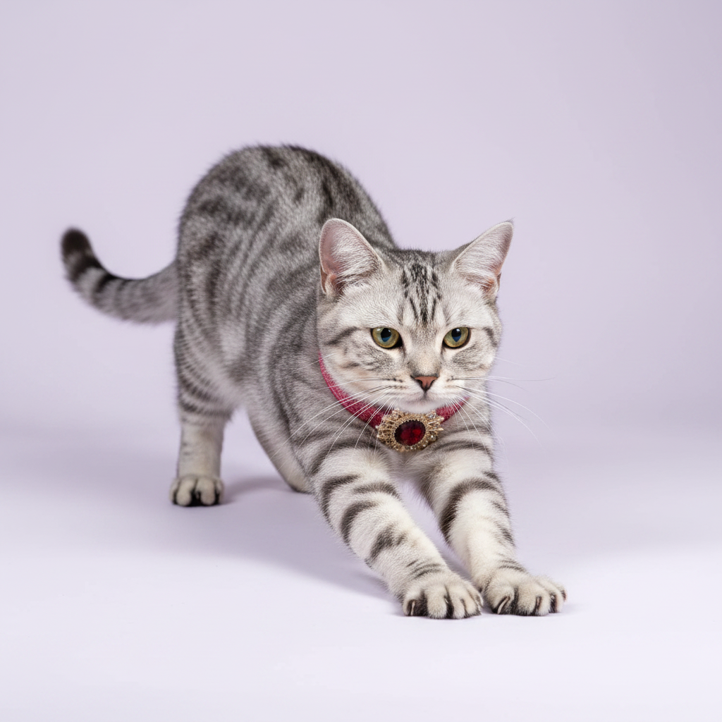 Silver tabby cat in a playful forward stretch pose wearing a hot pink glitter breakaway cat collar with ruby red oval crystal sunburst pendant